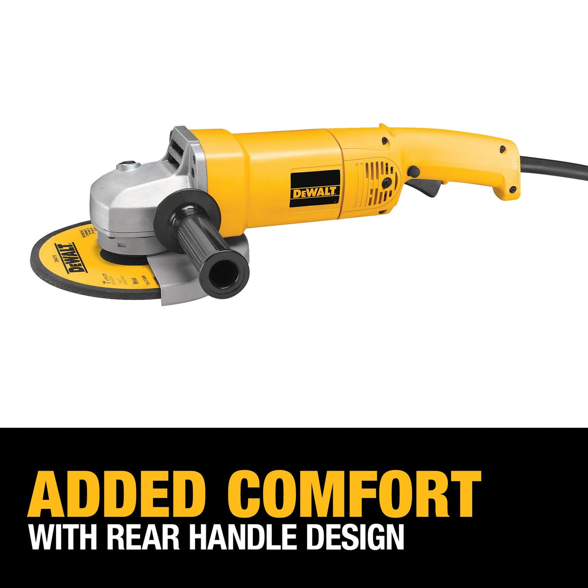 DEWALT spindle-lock enables quick wheel changes for less downtime.