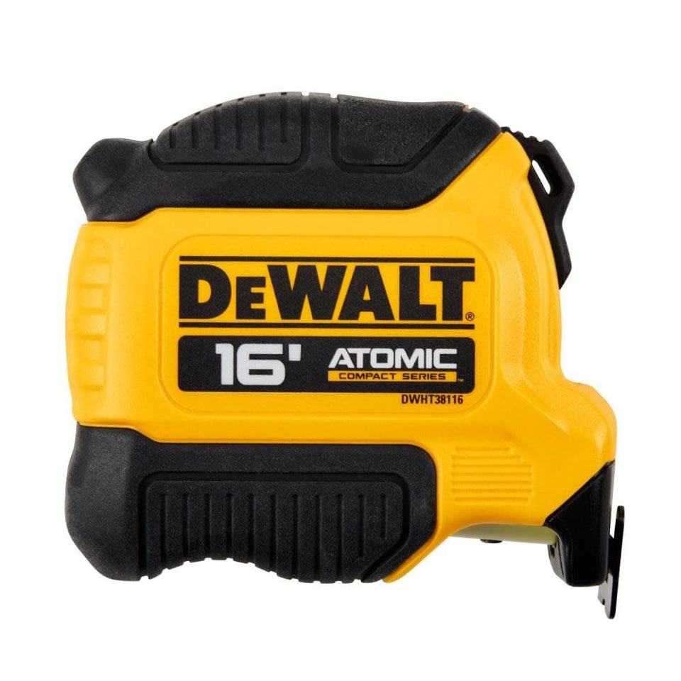 DEWALT Atomic 16 ft tape measure reach for versatile on-site measuring.