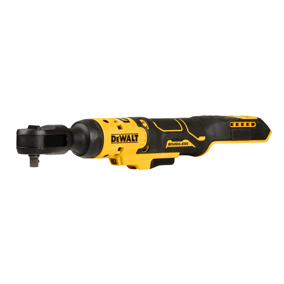 DEWALT ATOMIC 20V Max cordless ratchet with 3/8-inch drive for tight spaces and versatile fastening.