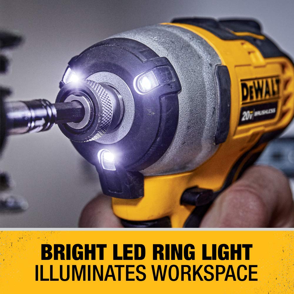 DEWALT Atomic 20V Max impact driver LEDs on illuminates dark workspaces.