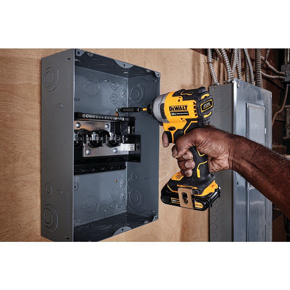 DEWALT Atomic 20V Max impact driver side angle demonstrates tight-space reach.