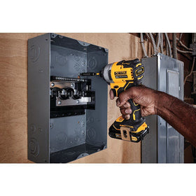 DEWALT Atomic 20V Max impact driver side angle demonstrates tight-space reach.
