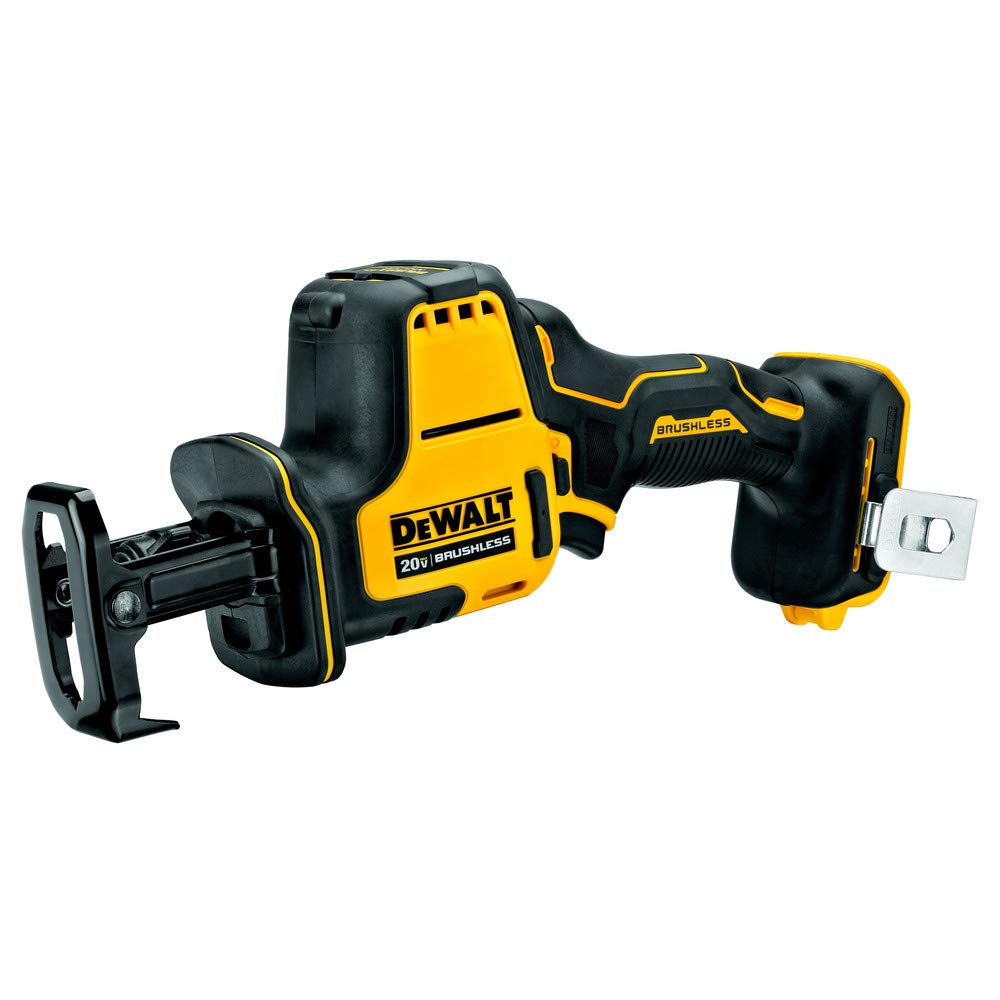 DEWALT ATOMIC 20V MAX reciprocating saw in-use overhead for reach and control