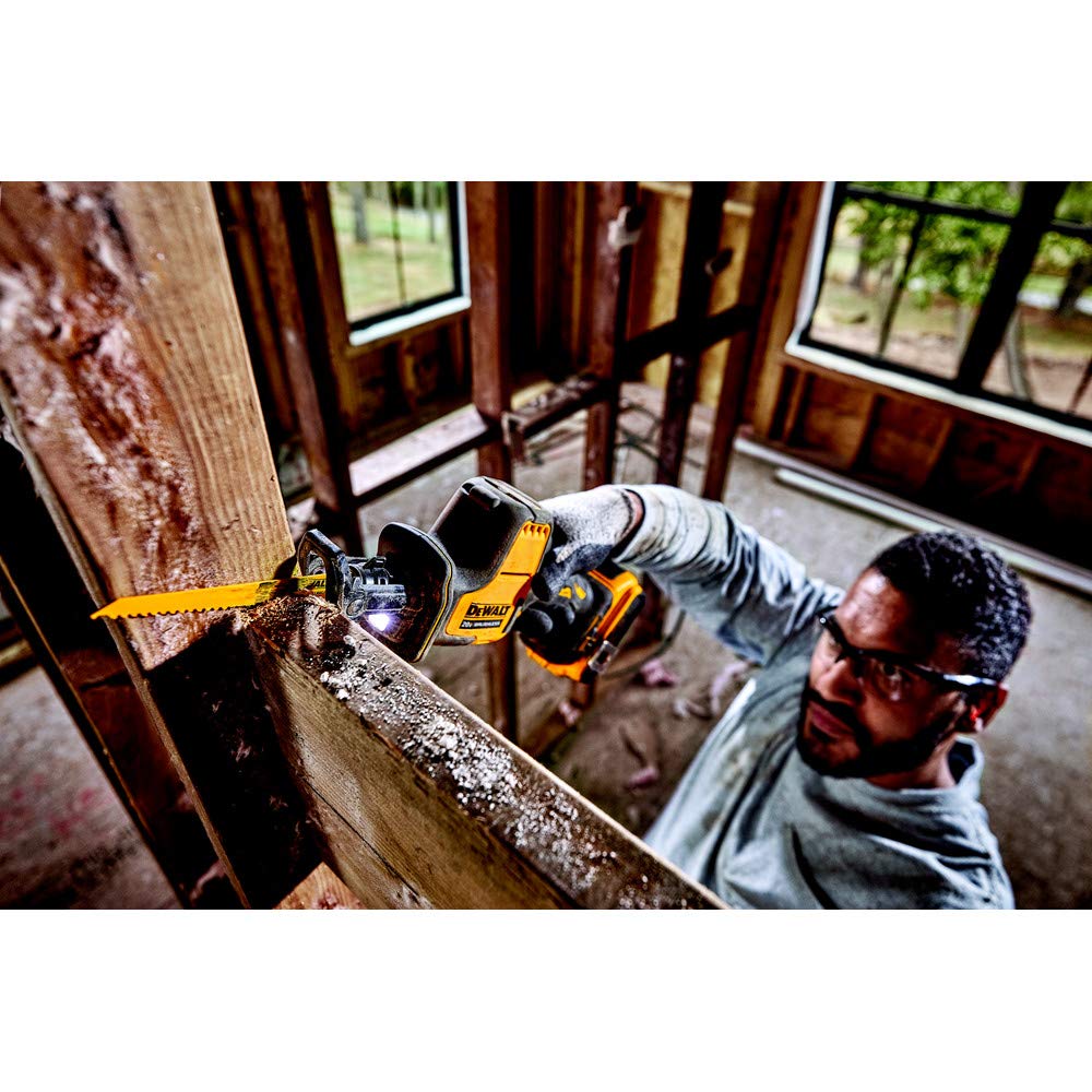 DEWALT ATOMIC 20V MAX reciprocating saw pivoting-shoe close-up showing stability