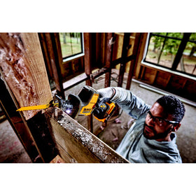 DEWALT ATOMIC 20V MAX reciprocating saw pivoting-shoe close-up showing stability