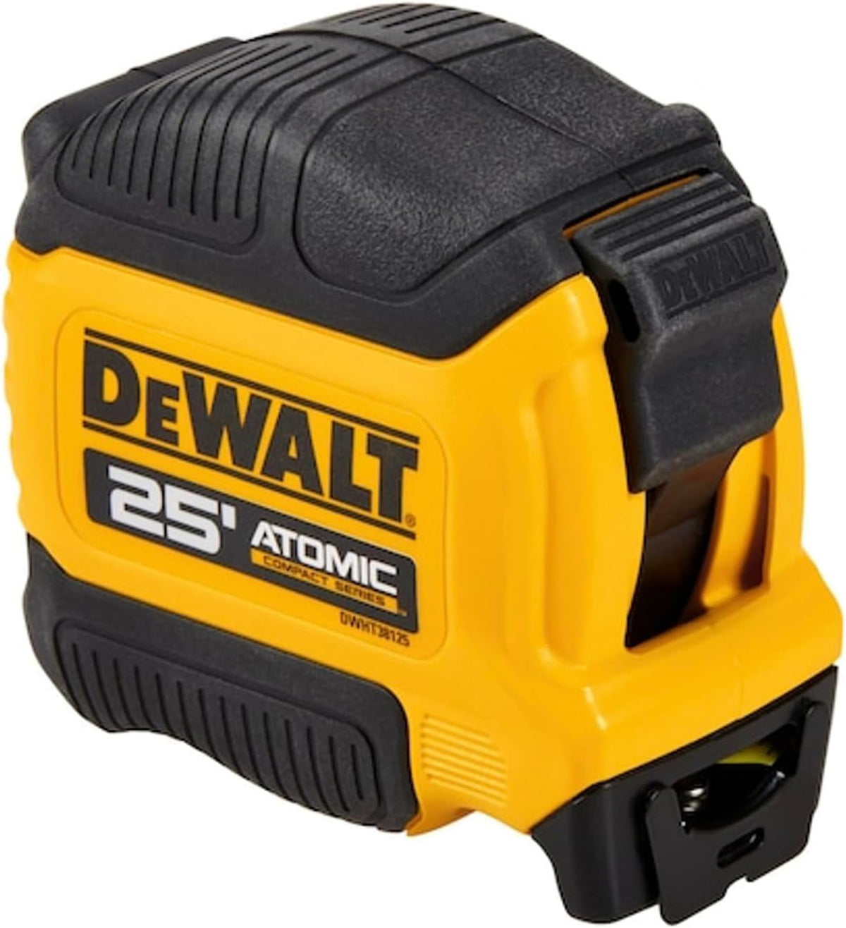 DEWALT Atomic 25ft tape measure blade extended for long reach and clear marks.