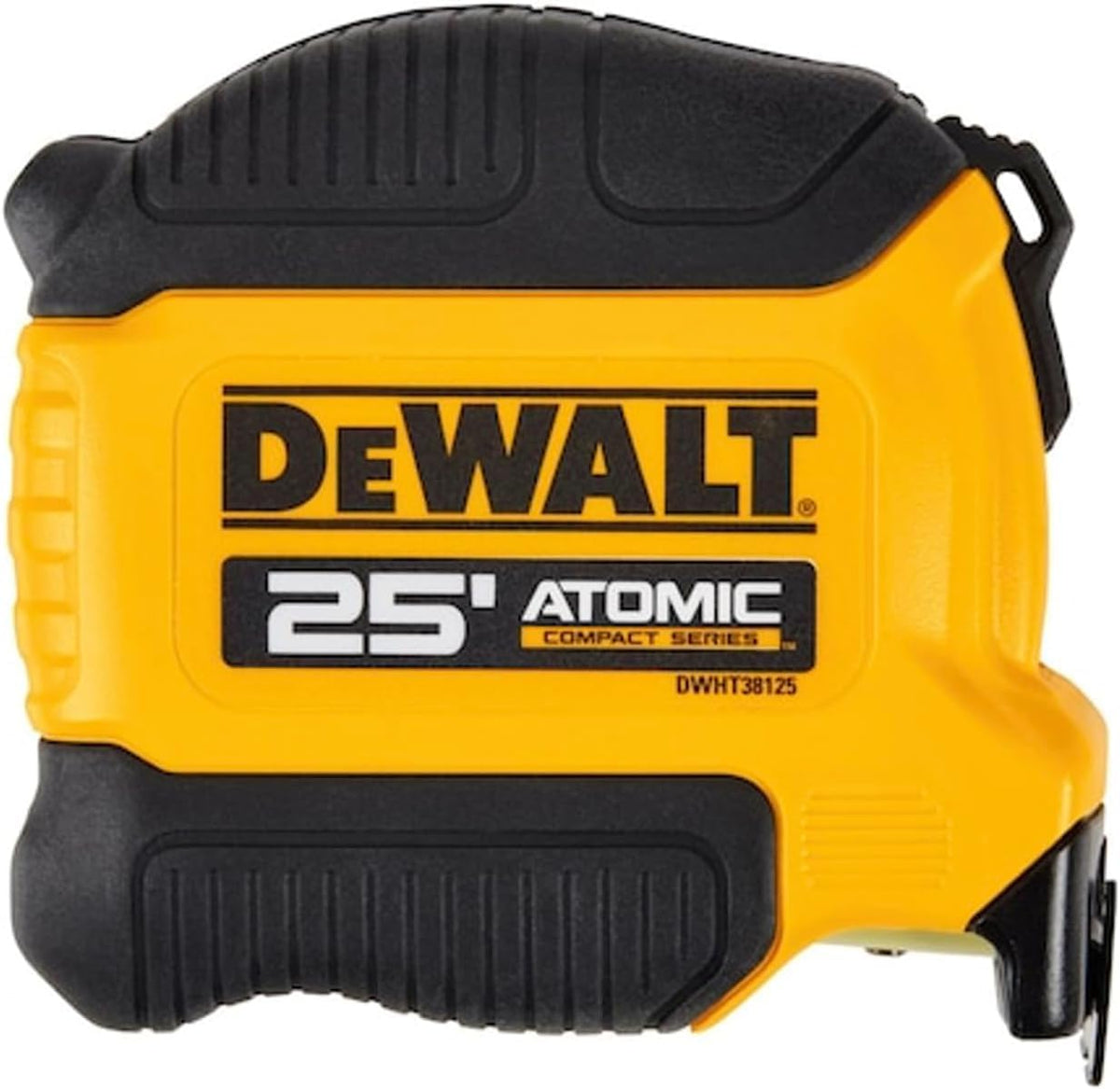 DEWALT Atomic 25ft tape measure case showing portable durability for on-site use.