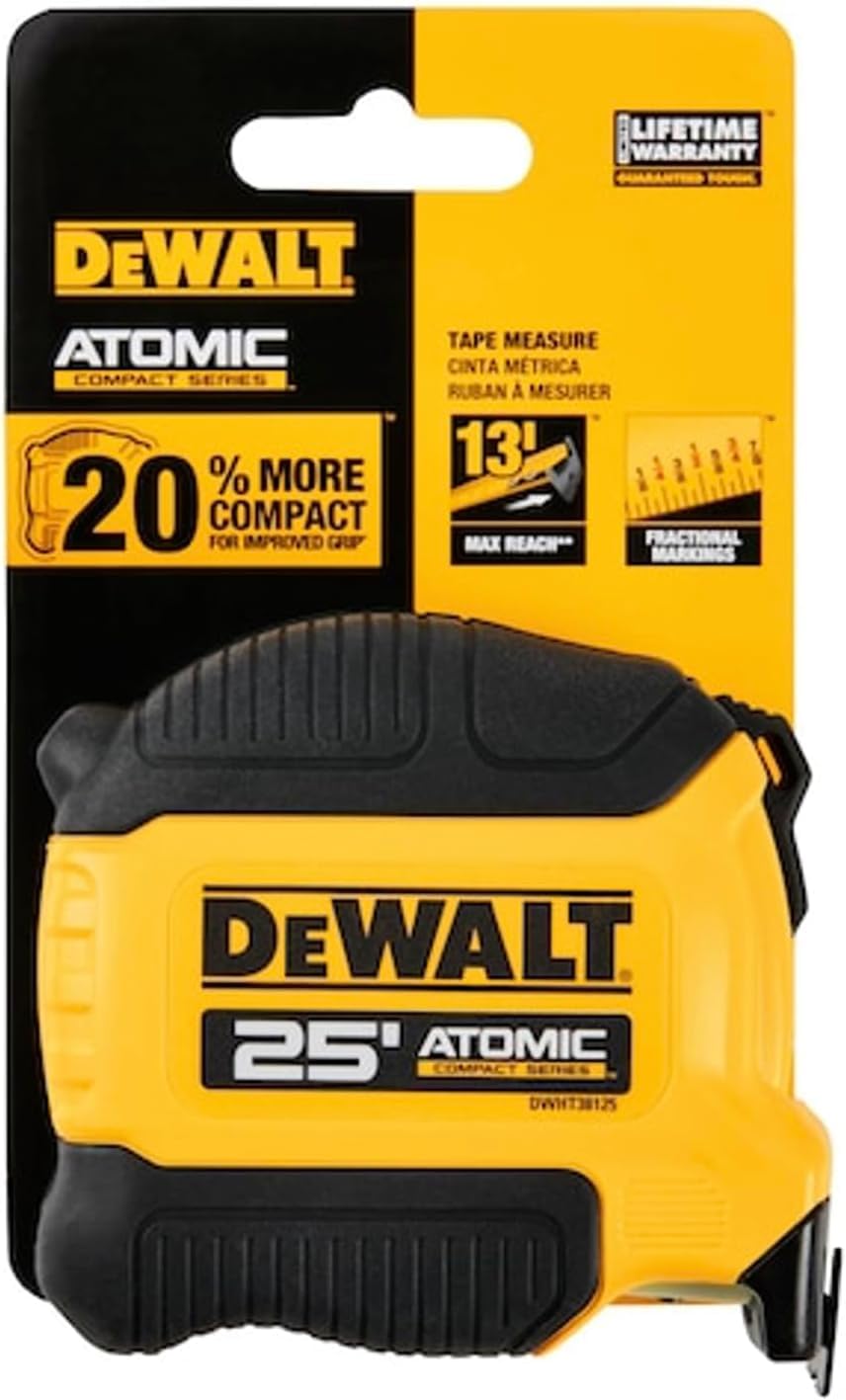DEWALT Atomic 25ft tape measure held in hand shows ergonomic, pocket-friendly design.