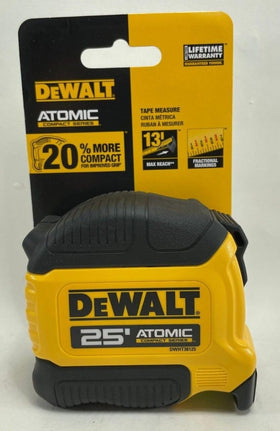 DEWALT Atomic 25 ft tape measure featuring fractional blade graphics for quick readings.