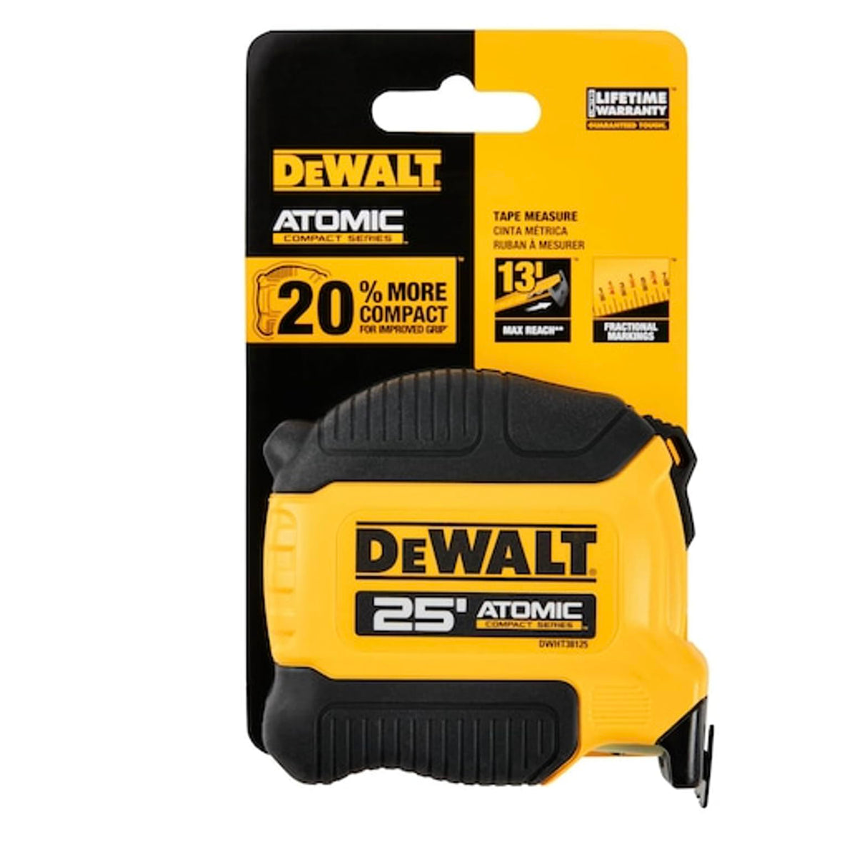 DEWALT Atomic 25 ft tape measure with integrated finger brake for precise control.