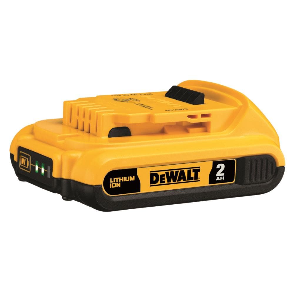 DEWALT 20V Max 2Ah battery front view showing compact profile for tight spaces.