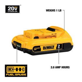 DEWALT 20V Max 2Ah battery with fuel gauge indicating charge level for planning.