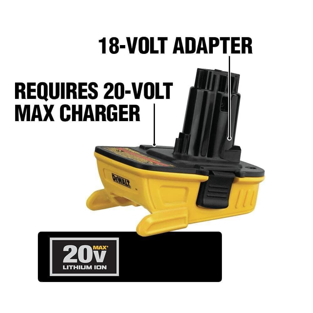 DEWALT DCA1820 installed in a drill demonstrates flexible battery options.