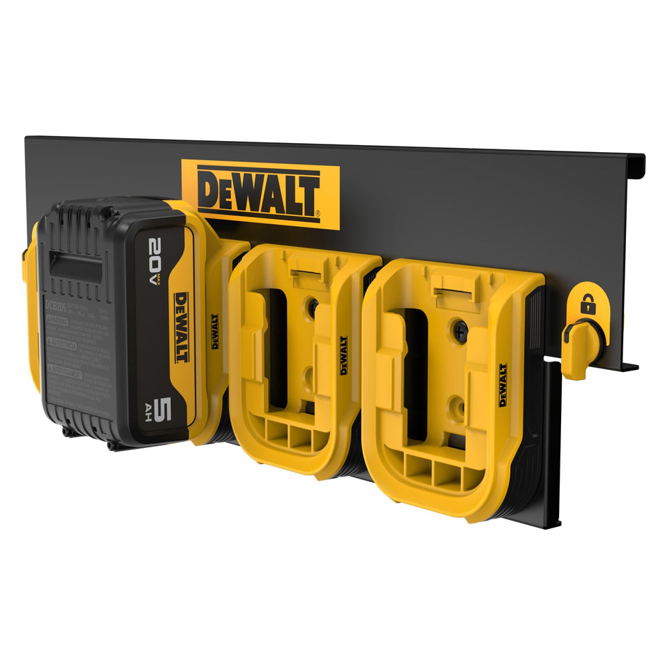 DEWALT battery organizer holds four batteries for quick access