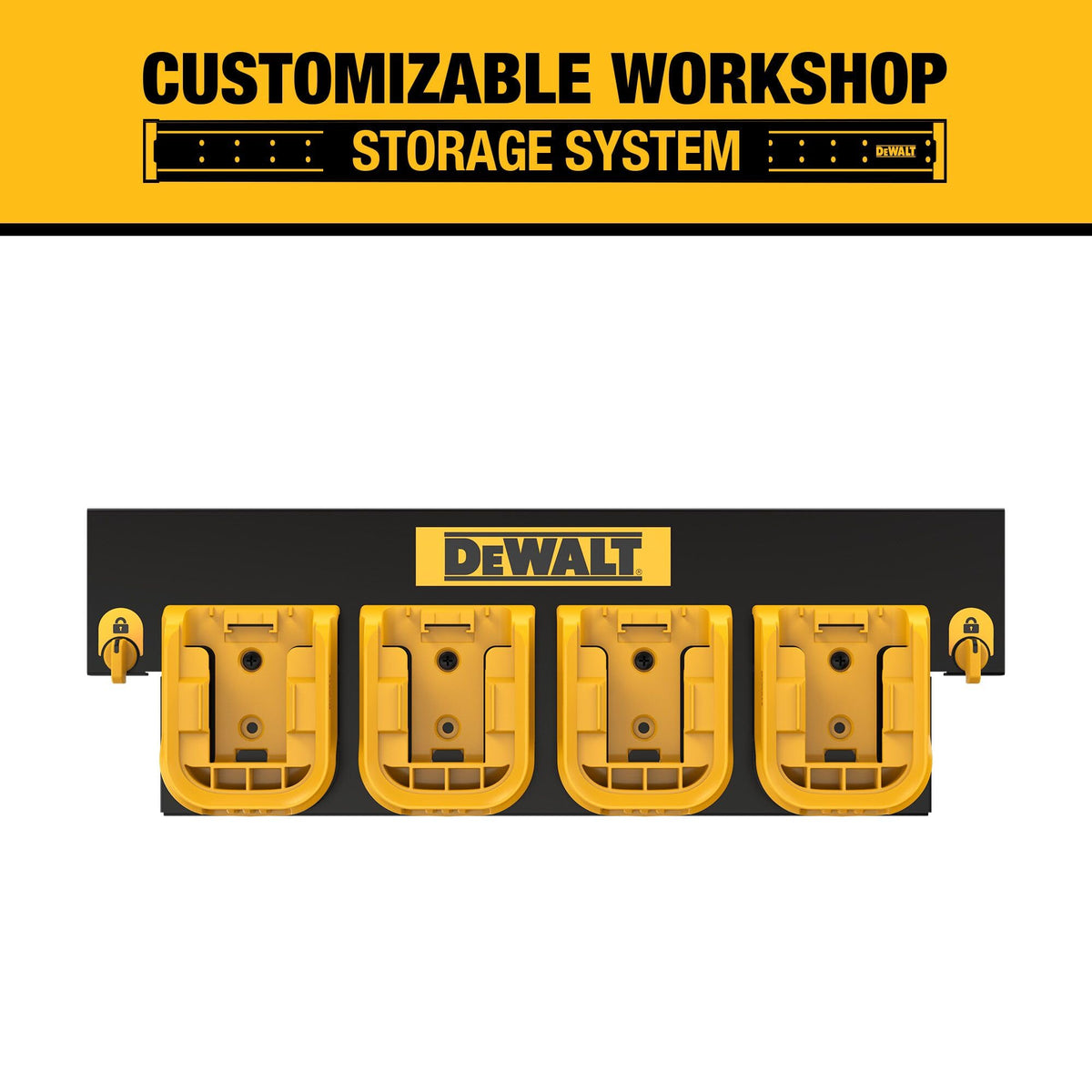 DEWALT battery organizer mounted on metal rail for tidy workshop storage