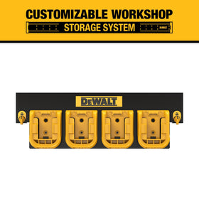 DEWALT battery organizer mounted on metal rail for tidy workshop storage