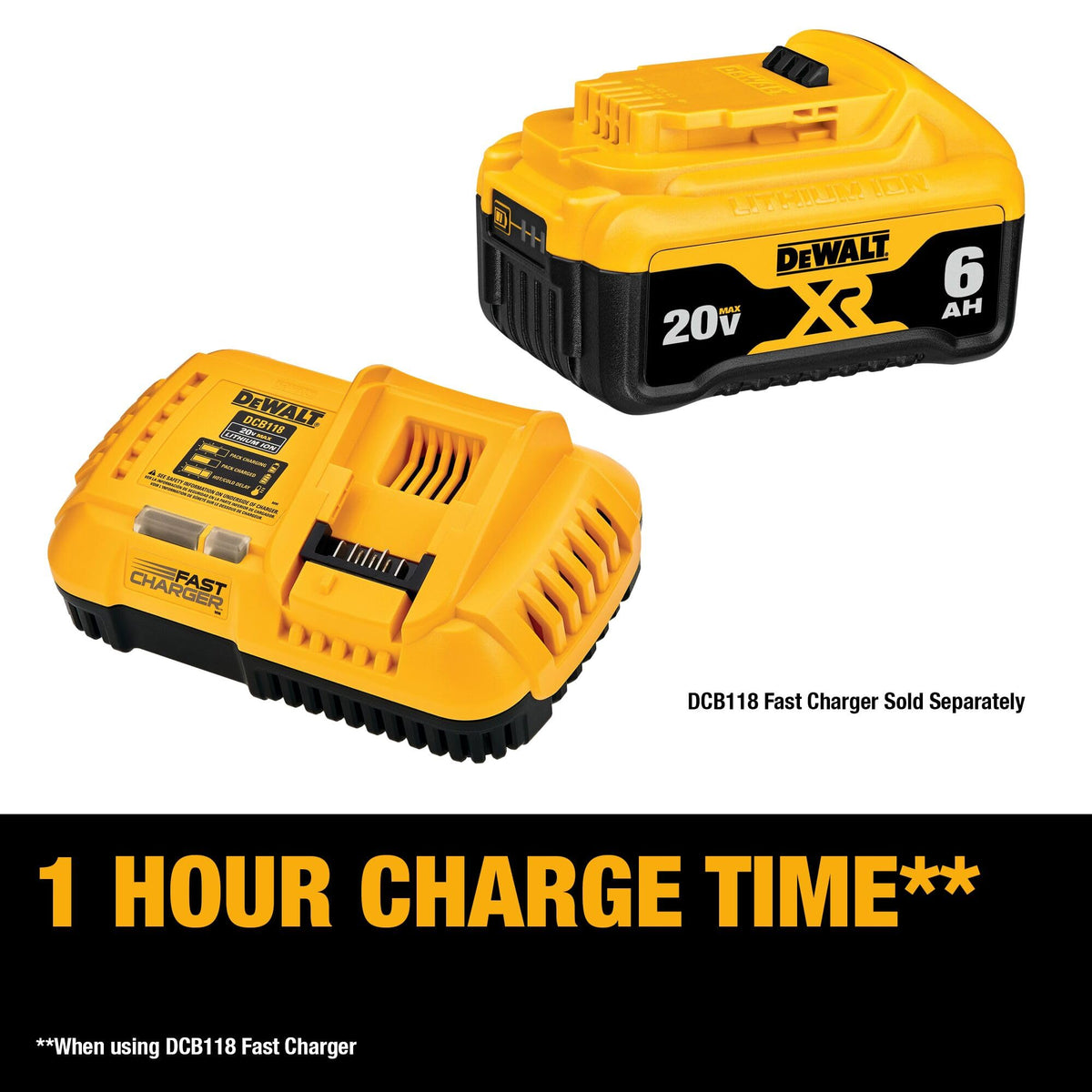 DEWALT 6Ah battery shown in side view emphasizes compact size with big capacity.