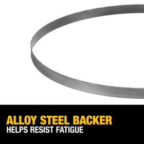 Alloy steel backer on DEWALT blade enhances fatigue resistance.