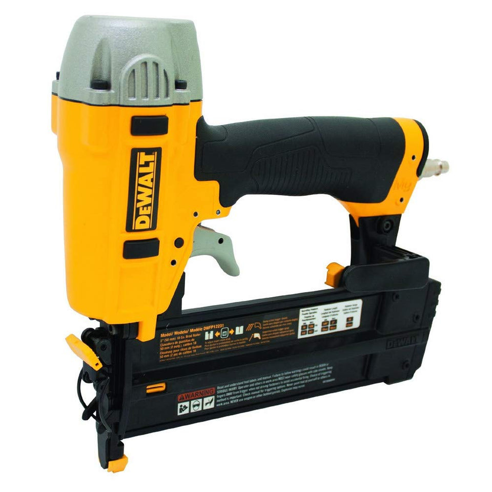 DEWALT 18GA Brad Nailer displays 5/8 to 2 inch nails for trim work.