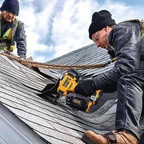 DEWALT yellow-black roofing tool highlighting rugged construction and on-site visibility.