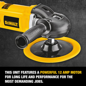 DEWALT DWP849X large spindle lock enables quick backing pad changes