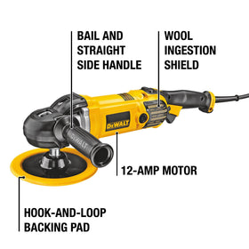 DEWALT DWP849X 12-amp motor powering heavy-duty polishing sessions