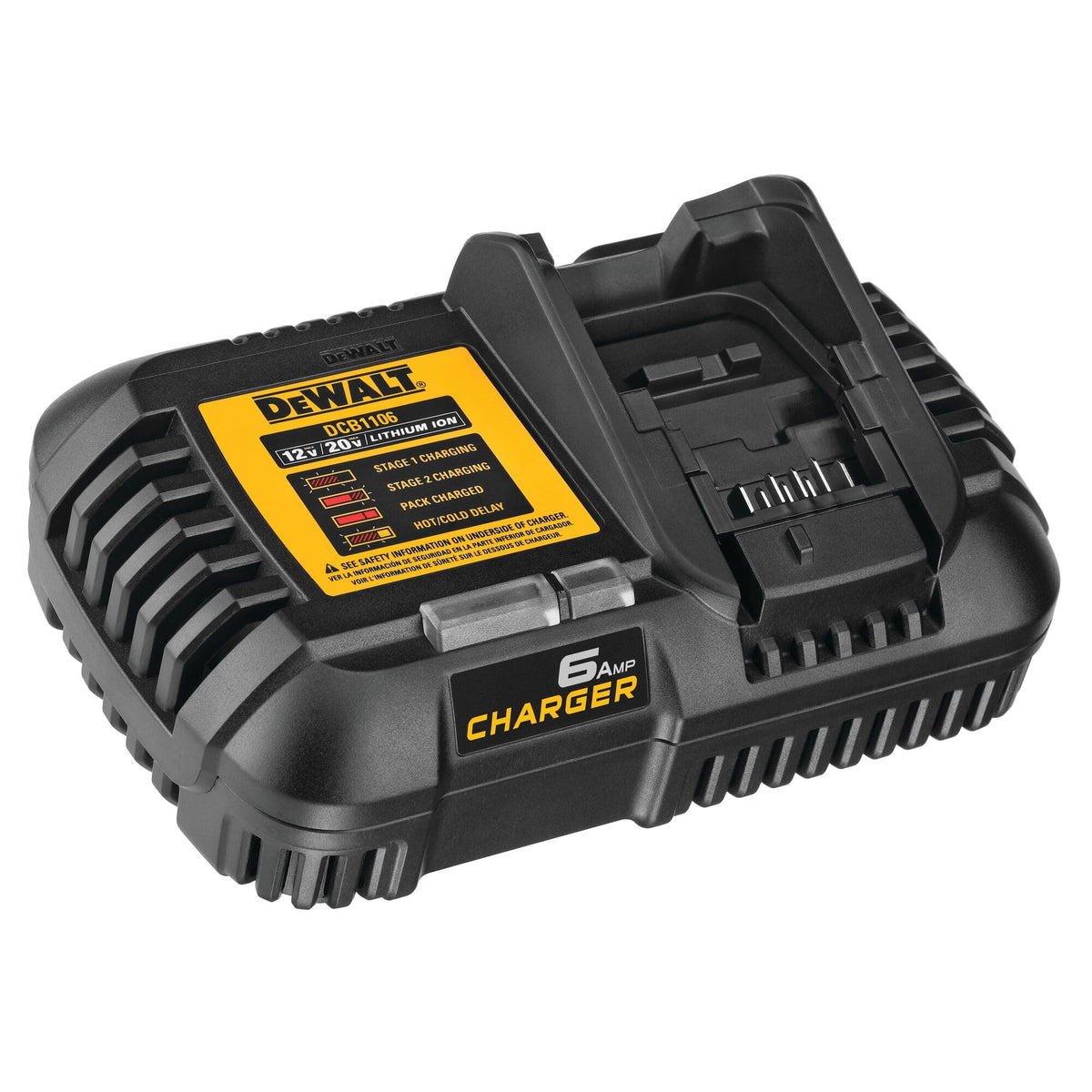 DEWALT DCB1106 charger front view shows compact, rugged design for tough job sites