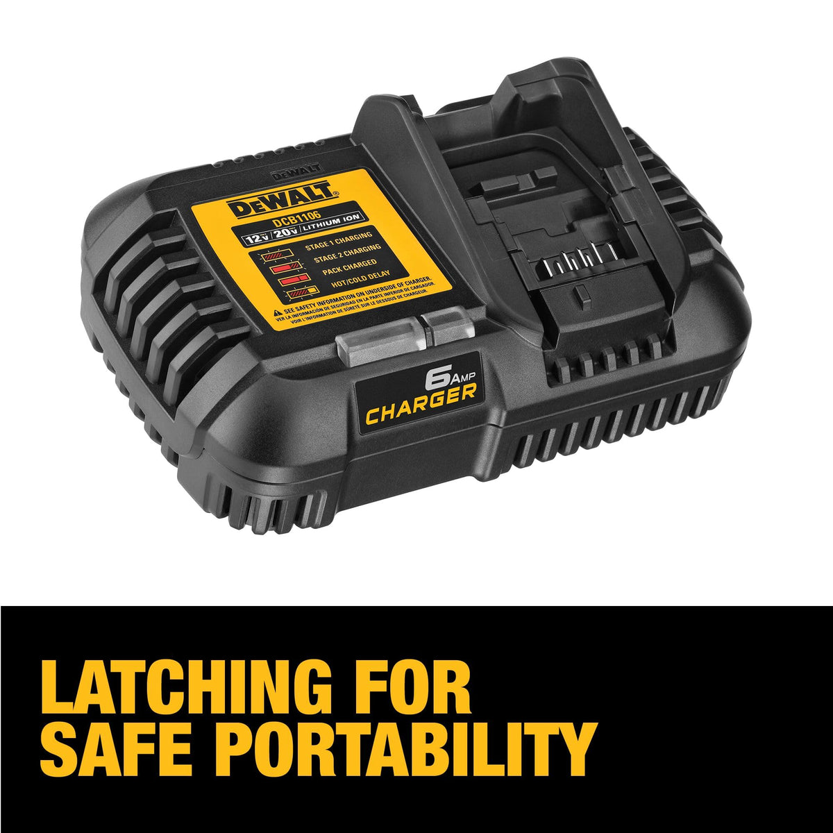 DEWALT DCB1106 charger latch for mounting demonstrates easy secure placement
