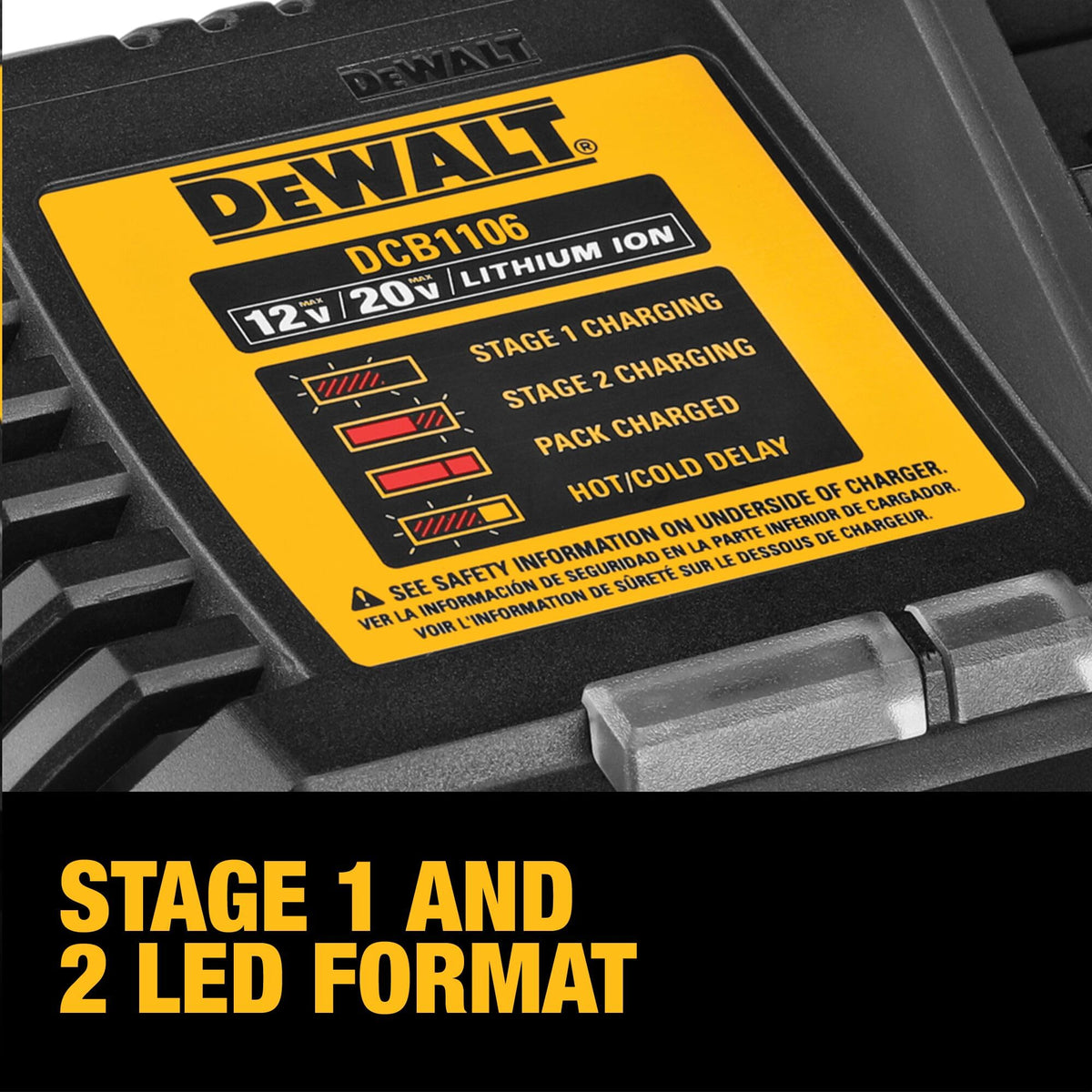 DEWALT DCB1106 charger LED indicator shows charge progress at a glance