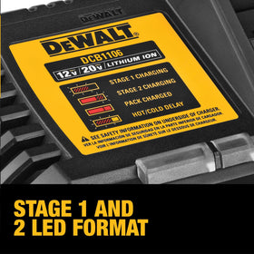 DEWALT DCB1106 charger LED indicator shows charge progress at a glance