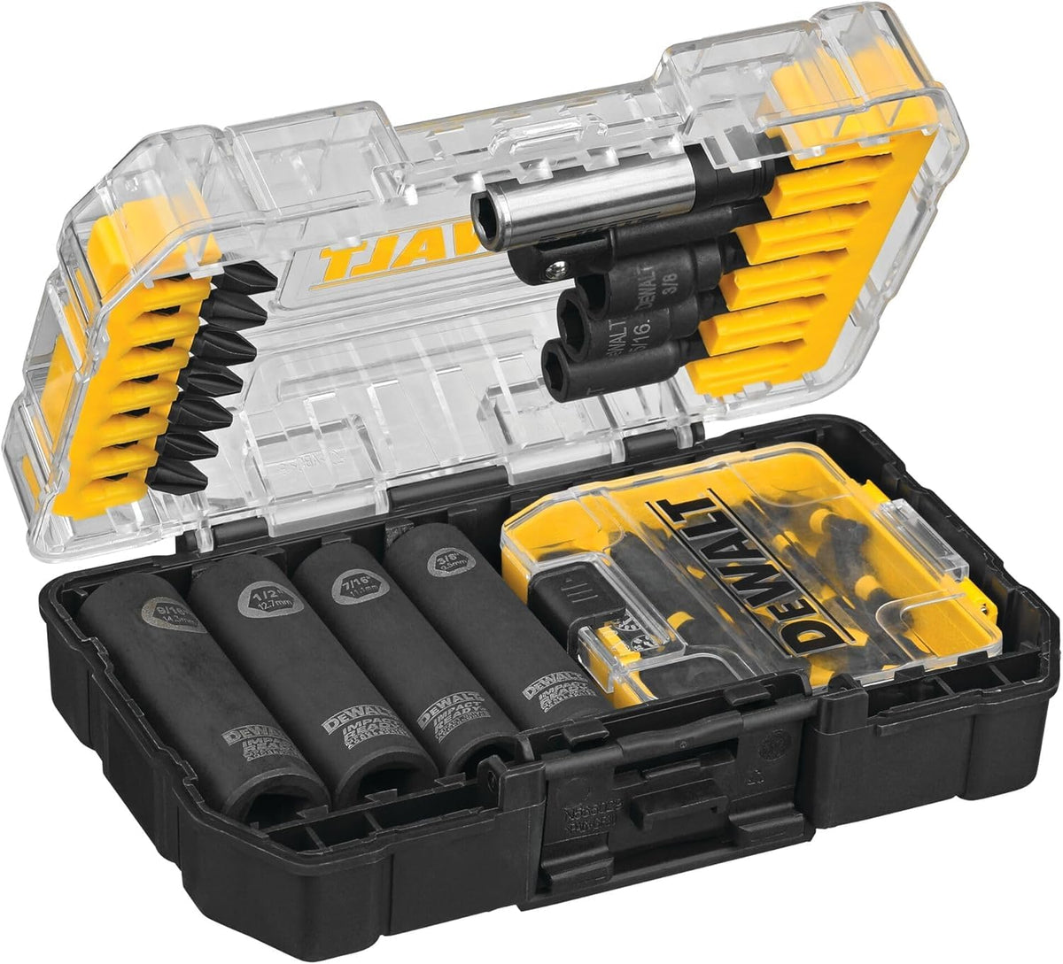 DEWALT driver bit set with clear lid visible contents for quick checks