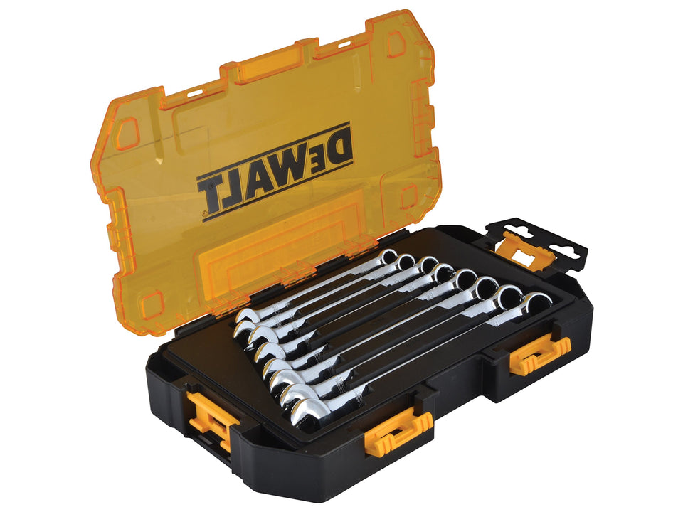 DEWALT combination wrench set with lockable cases for organized tool storage.