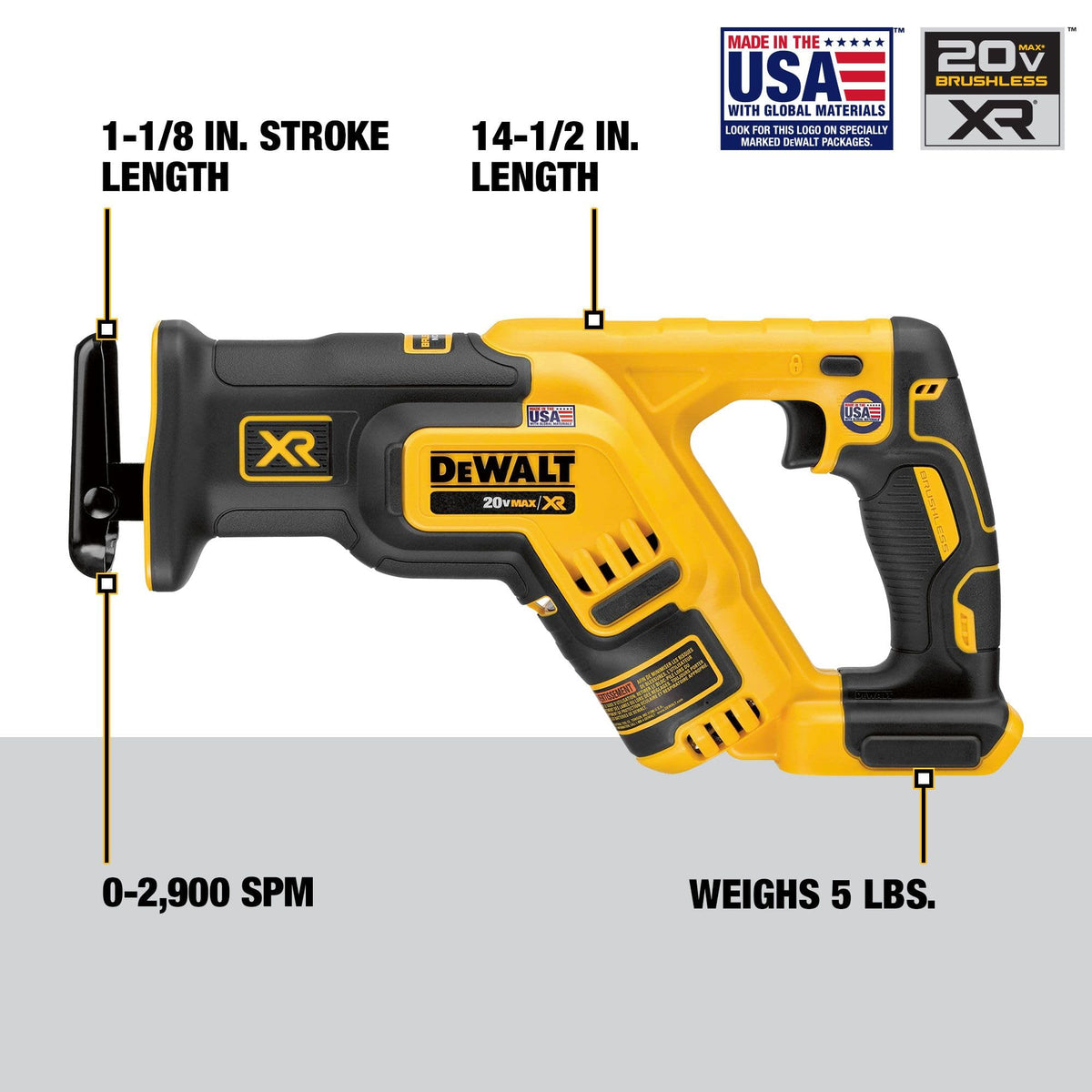 DEWALT compact 14.5-inch reciprocating saw enables easy access in tight spaces.