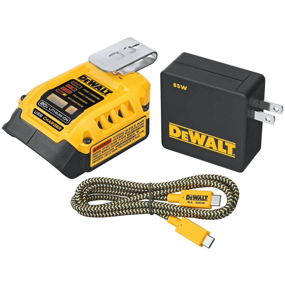 DEWALT DCB094K USB charger unit powers 20V MAX and FLEXVOLT batteries for flexible charging.