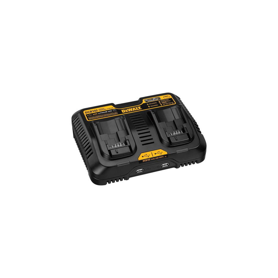 DEWALT DCB102 dual charging station keeps two batteries ready on site