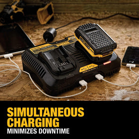 DEWALT DCB102 USB ports charge devices on the jobsite