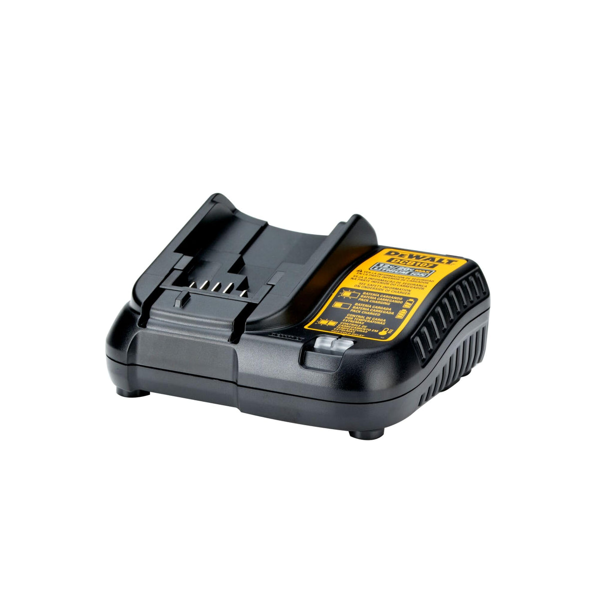 DEWALT DCB107 charger front view with LED indicators for charge status.