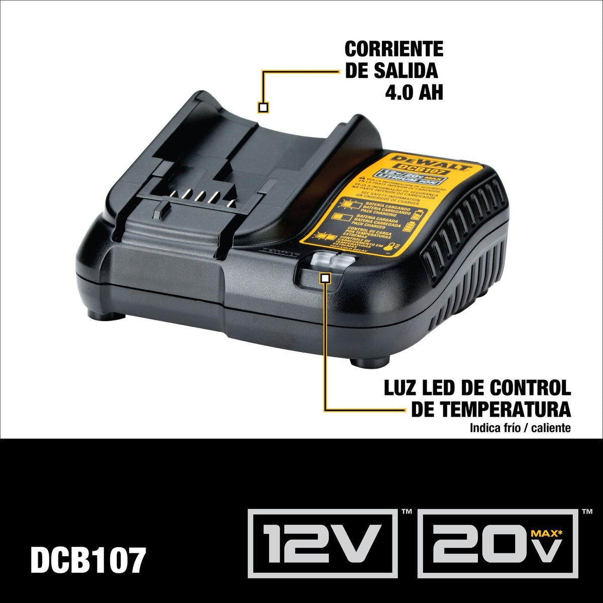 DEWALT DCB107 charger with LED diagnostics shows battery status.