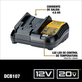 DEWALT DCB107 charger with LED diagnostics shows battery status.