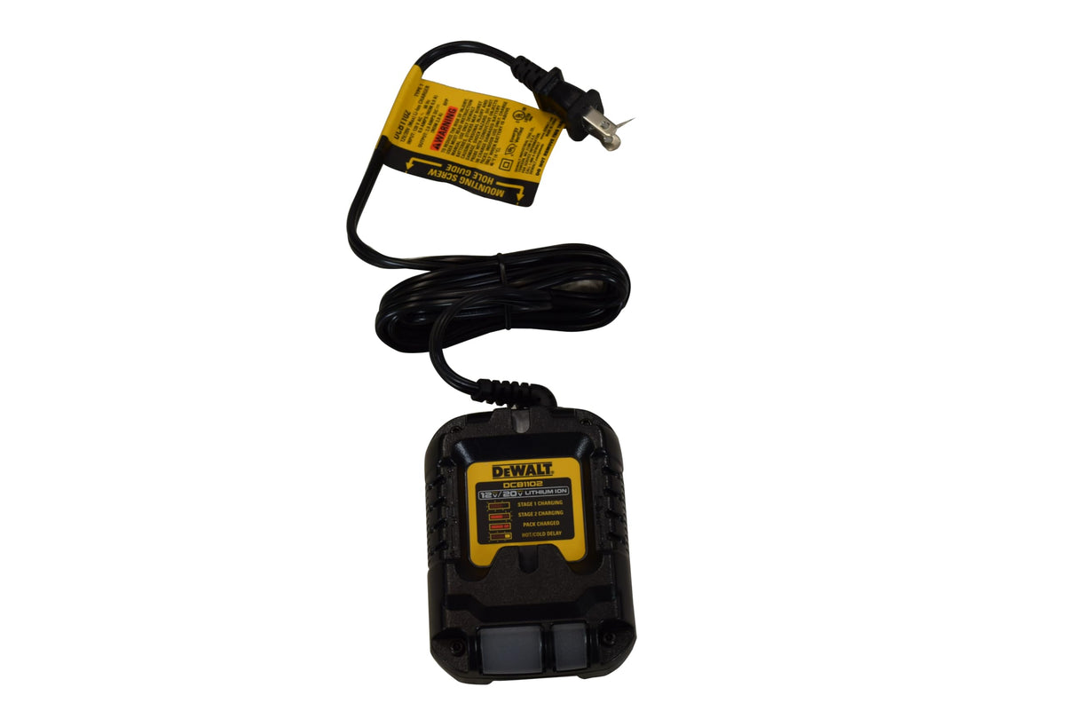 DEWALT DCB1102 charger front view for 12V and 20V Max batteries