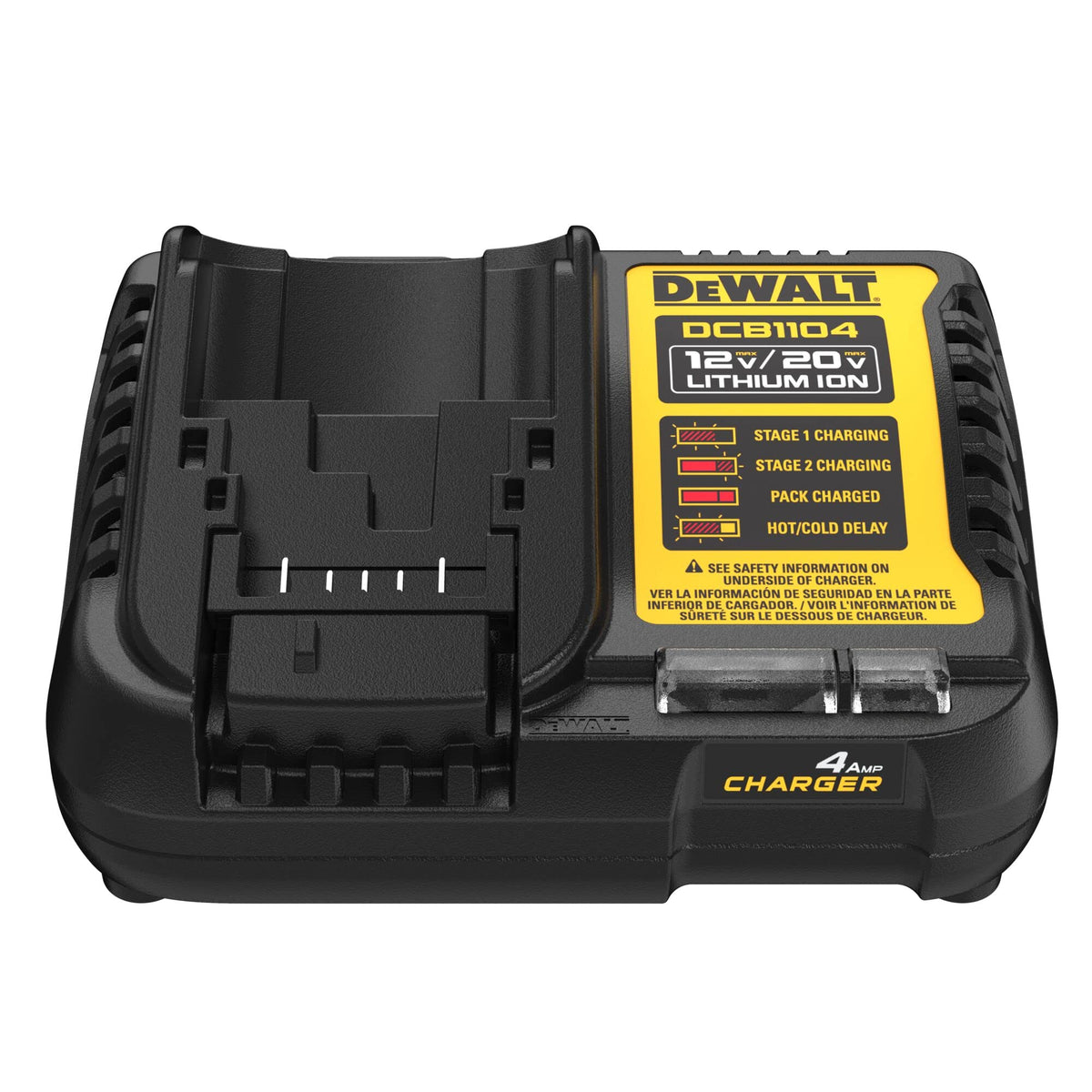 DEWALT DCB1104 front view showing compact charger design for portability.