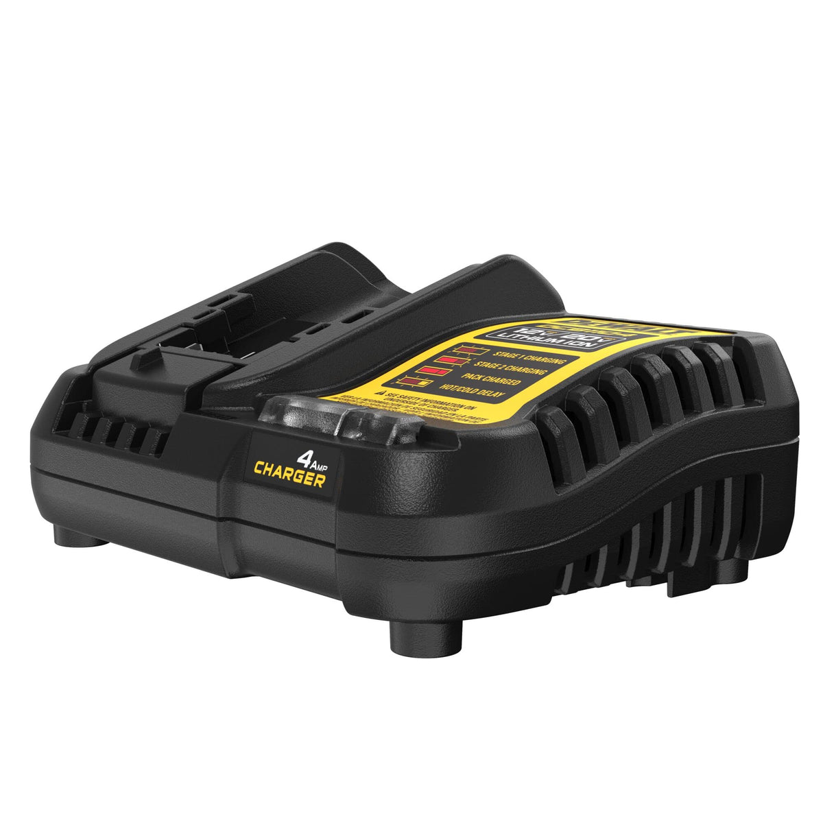 DEWALT DCB1104 side ports enable multi-battery compatibility: 12V, 20V, FLEXVOLT.