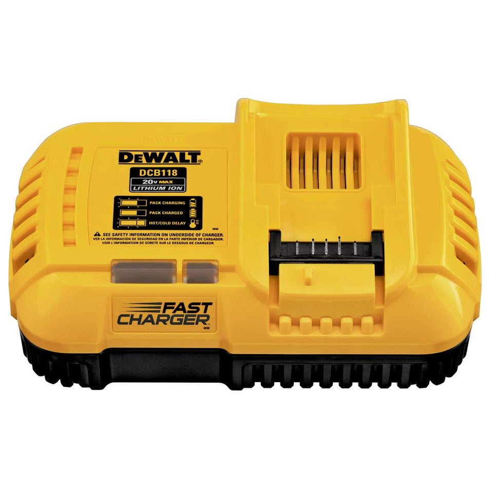 DEWALT DCB118 front view, fan-cooled charger for faster battery cycles.