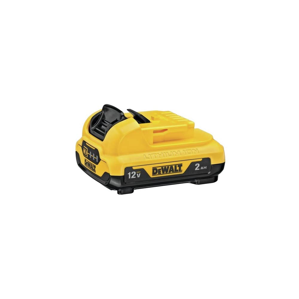 DEWALT DCB122 battery side close-up, lightweight design for overhead tasks