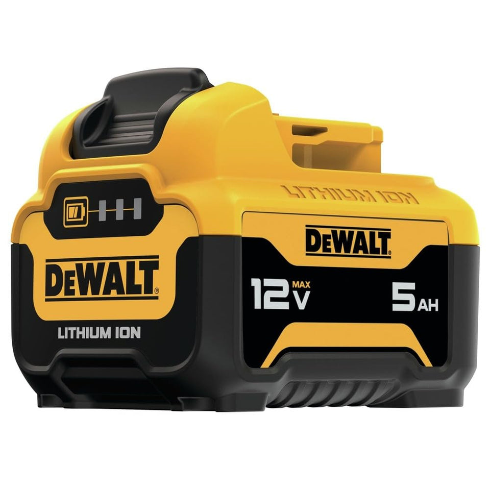 DEWALT DCB126 12V MAX* battery with fuel gauge shows charge level for planning tasks.
