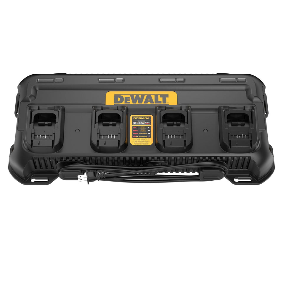 DEWALT DCB1404 front view shows a compact multiport charger for quick tool battery refresh