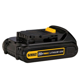 DEWALT DCB201 compact battery front view, lightweight design supports all-day use on 20V tools.