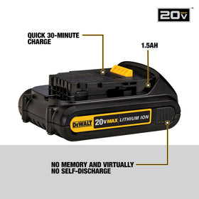 DEWALT DCB201 compact battery side profile showing grip-friendly shape for easy swapping.