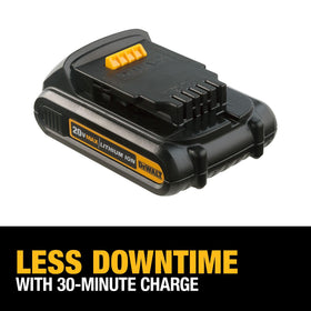 DEWALT DCB201 battery close-up charging contacts for fast 30-minute recharge.