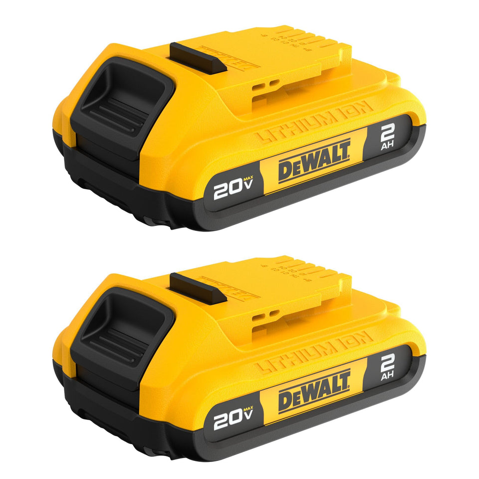 DEWALT DCB203-2 dual-pack front view highlights compact handling